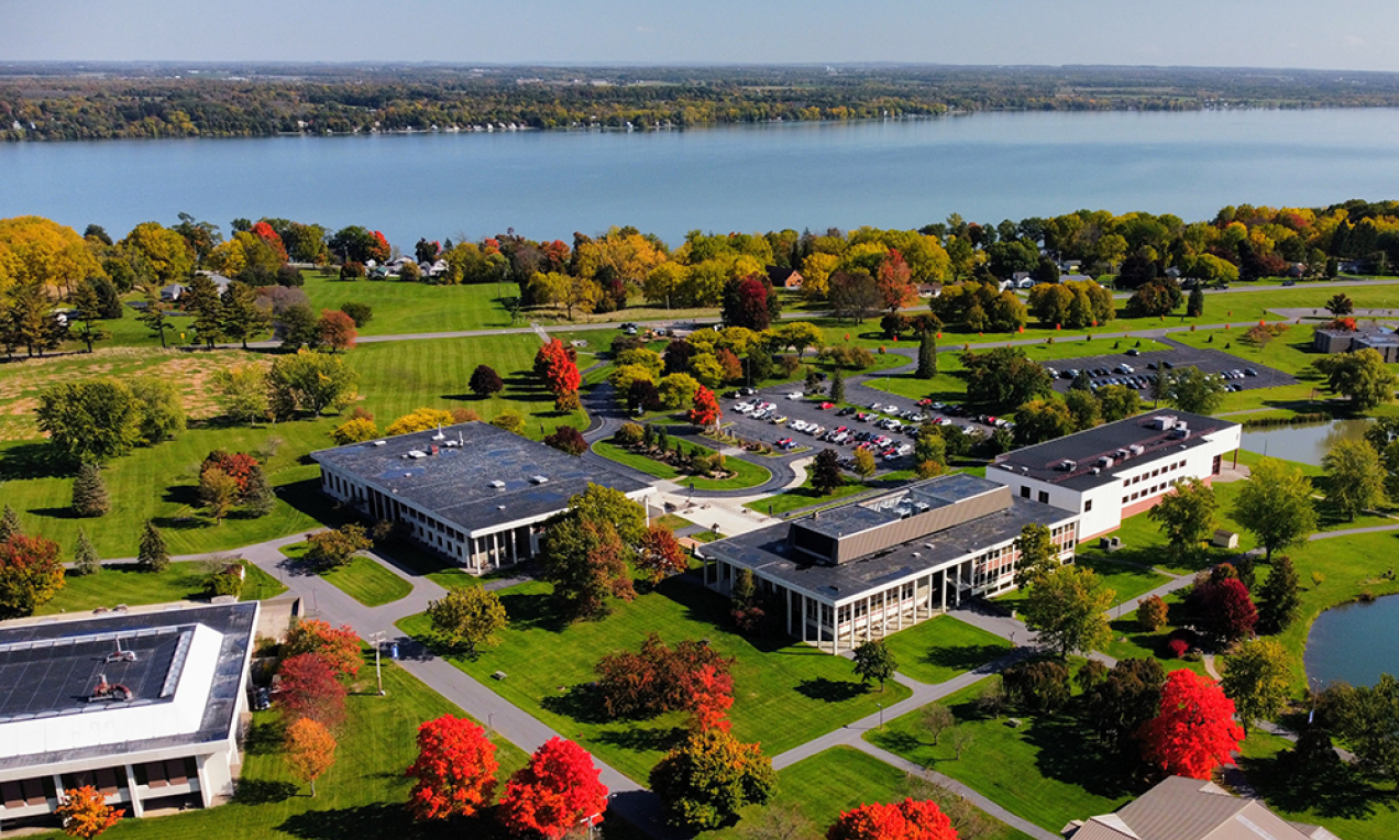 aerial view of the campus, with the lake and the beginnings of the memorial grove visible
